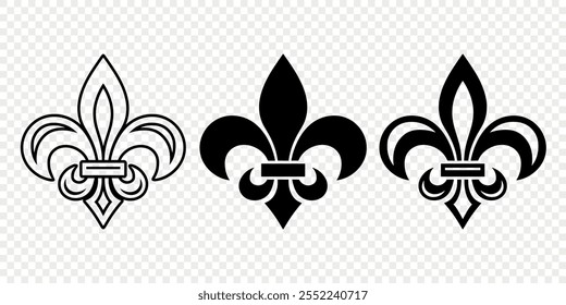 Vetor Vintage branco e preto Fleur De Lis Icon Set isolado. Lírio Heráldico, Elemento de Design Retrô. Ilustração de vetor