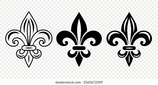 Vector Vintage White and Black Fleur De Lis Icon Set Isolated. Heraldic Lily, Retro Design Element. Vector Illustration