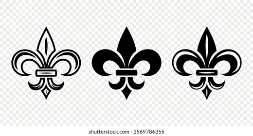 Vector Vintage White and Black Fleur De Lis Icon Set Isolated. Heraldic Lily, Retro Design Element. Vector Illustration