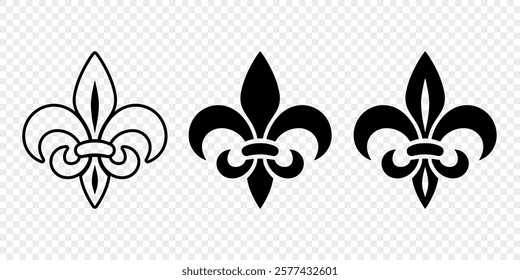 Vector Vintage White and Black Fleur De Lis Icon Set Isolated. Heraldic Lily, Retro Design Element. Vector Illustration