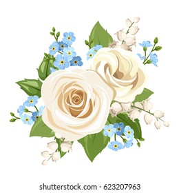 Vector vintage white and blue roses, lisianthuses, lily of the valley and forget-me-not flowers isolated on a white background.