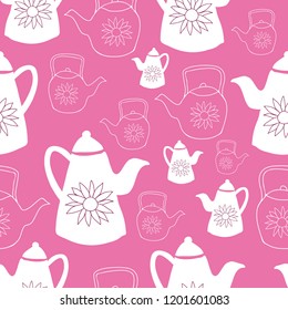 Vector Vintage White and Bright Pink Teapots Seamless Pattern Background. Perfect for fabric, wallpaper and scrapbooking projects.