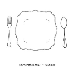 vector vintage white dish plate fork and spoon hand drawn line art cute illustration