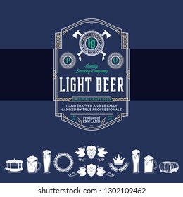Vector vintage white, gold and blue beer label and icons for brewhouse, bar, pub, brewing company branding and identity.