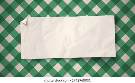 Vector vintage white paper on green plaid pattern background. Vintage paper banner for Christmas or New year 