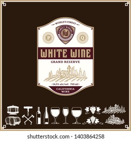 Vector vintage white wine label. Winemaking business branding and identity design elements.