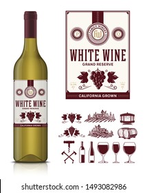 Vector vintage white wine label and wine bottle mockup. Winemaking business branding and identity icons and design elements