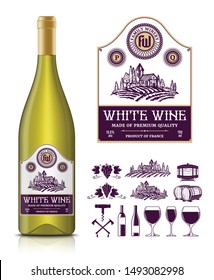 Vector vintage white wine label and wine bottle mockup. Winemaking business branding and identity icons and design elements