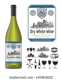 Vector vintage white wine label and wine bottle mockup. Winemaking business branding and identity icons and design elements