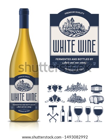 Vector vintage white wine label and wine bottle mockup. Winemaking business branding and identity icons and design elements