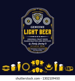 Vector vintage white and yellow beer label and icons on a blue background for brewhouse, bar, pub, brewing company branding and identity.