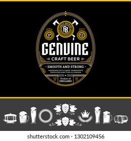 Vector vintage white and yellow beer label and icons on a black background for brewhouse, bar, pub, brewing company branding and identity.