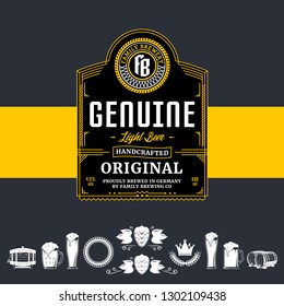 Vector vintage white, yellow and blackn beer label and icons for brewhouse, bar, pub, brewing company branding and identity.