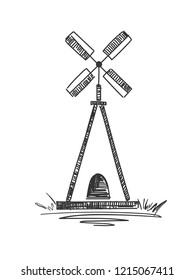 Vector vintage windmill drawing. Windmill isolated. Alternative sources of energy. Green energy. Painting of the old windmill.
