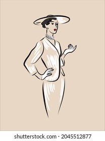 Vector vintage women fashion illustrations set, 50s fashion, old vintage, trendy pictures for orints, socail media.