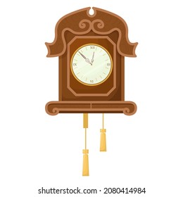 Reloj vectorial de madera vintage aislado sobre fondo blanco. Reloj de pared con péndulo. Decoración de estilo casero.