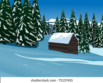 vector vintage wooden mountain cottage among pine trees AI8 file