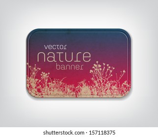 Vector vintage worn cardboard horizontal badge / banner with floral background, grass and plants silhouette