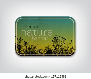 Vector vintage worn cardboard horizontal badge / banner with floral background, grass and plants silhouette