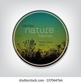 Vector vintage worn cardboard round badge / banner with floral background, grass and plants silhouette