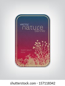Vector vintage worn cardboard vertical badge / banner with floral background, grass and plants silhouette