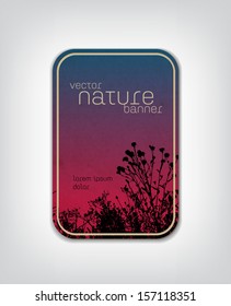 Vector vintage worn cardboard vertical badge / banner with floral background, grass and plants silhouette