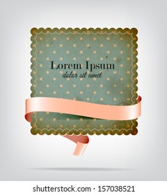 Vector vintage worn die cut old paper square badge / banner with blue dotted pattern, with pale pink silky ribbon