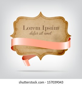 Vector vintage worn old paper die cut badge / banner with pale pink silky ribbon