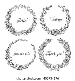 Vector vintage wreaths. Collection of trendy cute floral frames. Graphic design elements for wedding cards, prints, decoration, greeting cards. Hand drawn round illustration set.