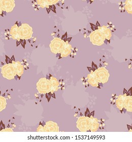 Vector Vintage Yellow Roses on Purple seamless pattern background.