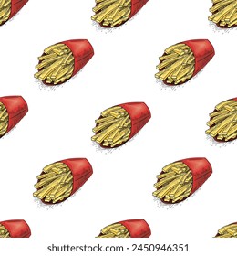 Vector vintage yummy french fries seamless pattern. Hand drawn fast food texture. Great for menu, poster or label Sketch of fried potatoes wrapping paper Engraving Style fries in a paper cup and chips