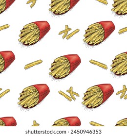 Vector vintage yummy french fries seamless pattern. Hand drawn fast food texture. Great for menu, poster or label Sketch of fried potatoes wrapping paper Engraving Style fries in a paper cup and chips