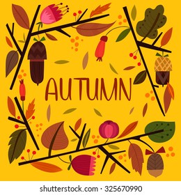 Vector vintagr autumn card with wreath from leaves and acorns. -stock vector