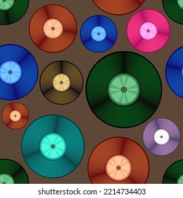 Vektor-Vinylplatte, einzeln auf braunem Hintergrund. Musik rückt nahtloses Muster zurück.