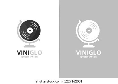 Vector vinyl and globe logo combination. Record planet symbol or icon. Unique music album logotype design template.