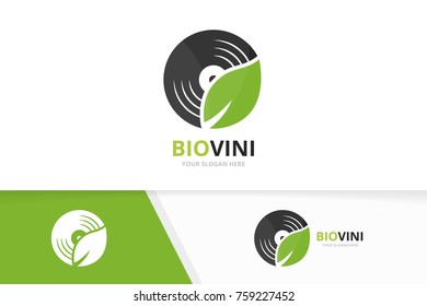 Vector vinyl and leaf logo combination. Record and eco symbol or icon. Unique music album and organic logotype design template.