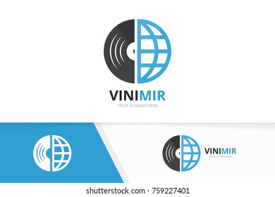 Vector vinyl and planet logo combination. Record and world symbol or icon. Unique music album and globe logotype design template.