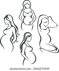 Vector vinilo listo hermosas mujeres embarazadas exquisita serie. Futuras madres línea dibujos de arte, Clipart listo para láser. Dibujos de belleza con el concepto de maternidad, maternidad, salud, nacimiento y felicidad.