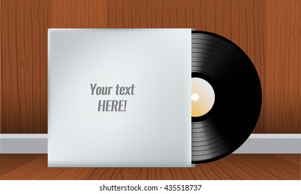 Vector Vinyl record in blank cover envelope with wood interior background. Room empty place for your text. Vector illustration