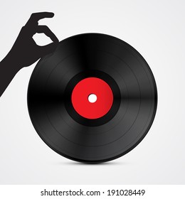 Vector Vinyl Record Disc with Hand Isolated on Light Background 