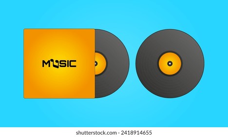 Vector vinyl record. An envelope for a vinyl record with the inscription "Music" in orange tones on a blue background.