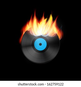Vector Vinyl Record in Flames on Black Background