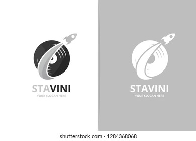 Vector vinyl and rocket logo combination. Record and airplane symbol or icon. Unique music album and flight logotype design template.