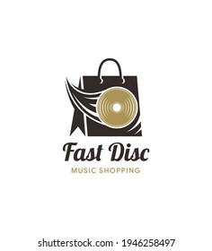 Vector vinyl and shop logo combination. Record and sale symbol or icon. Unique music album and bag logotype design template. retro style with gold and black colors isolated in white background.