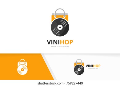 Vector vinyl and shop logo combination. Record and sale symbol or icon. Unique music album and bag logotype design template.