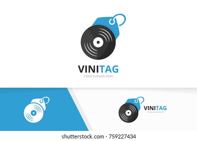 Vector vinyl and tag logo combination. Record and shop symbol or icon. Unique music album and label logotype design template.