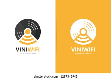 Vector vinyl and wifi logo combination. Record and signal symbol or icon. Unique music album and radio, internet logotype design template.