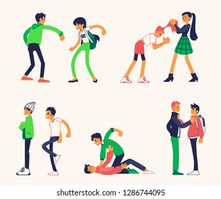 Vector violence, bulling and physical conflicts of teen male, female students, characters including using fists to punch, pulling each other hair out, kicking person while his down.