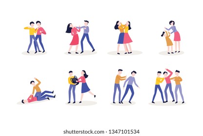 Vector violence, bulling and physical conflicts of teen male, female students, characters using fists to punch, pulling each other hair out, kicking person while his down.