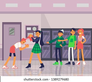 Vector violence and bulling at school concept with teen girls students fighting pulling each others hair out, other teens watching. Female violence in school illustration